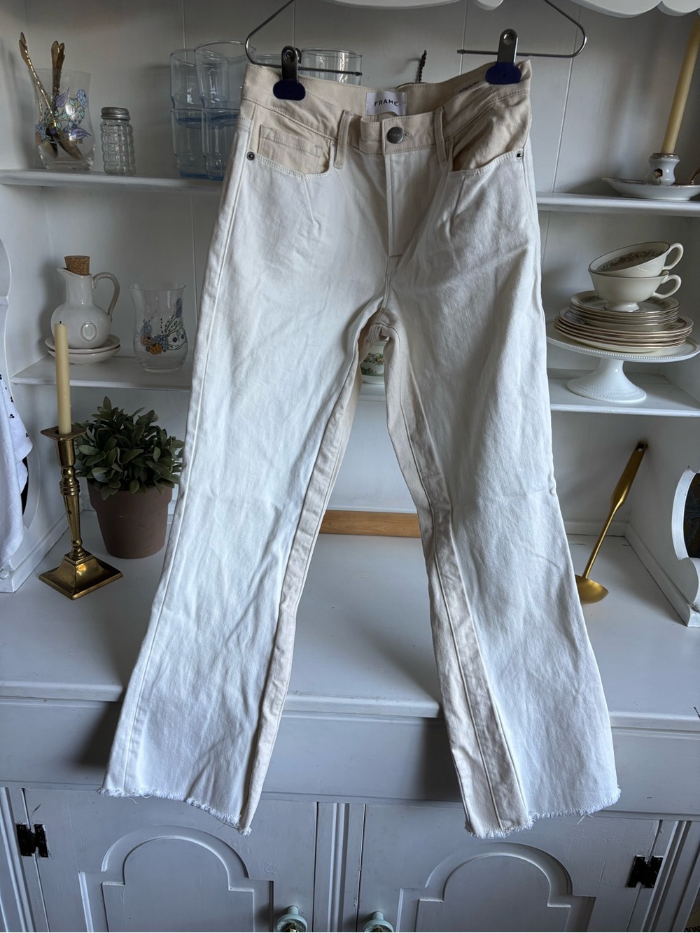 Frame Denim Two-Tone Ivory & Beige Flare Jeans